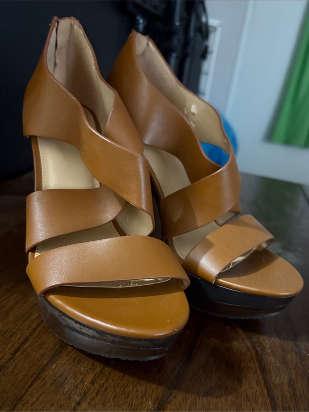 Michael Kors Cognac Leather Wedge Sandals